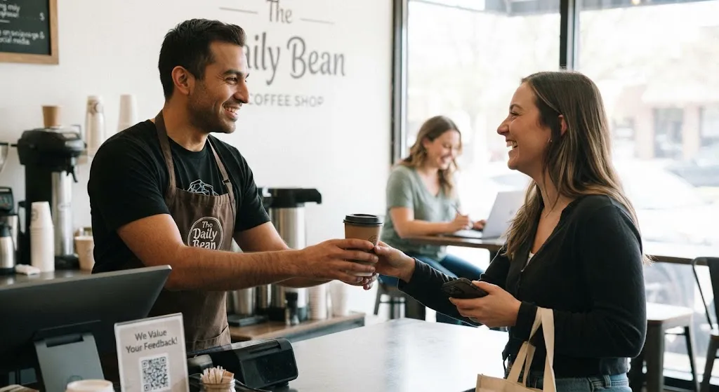 A friendly barista in a coffee shop smiling and handing a takeaway coffee cup to an enthusiastic female customer holding a smartphone, representing positive customer experience and engagement.