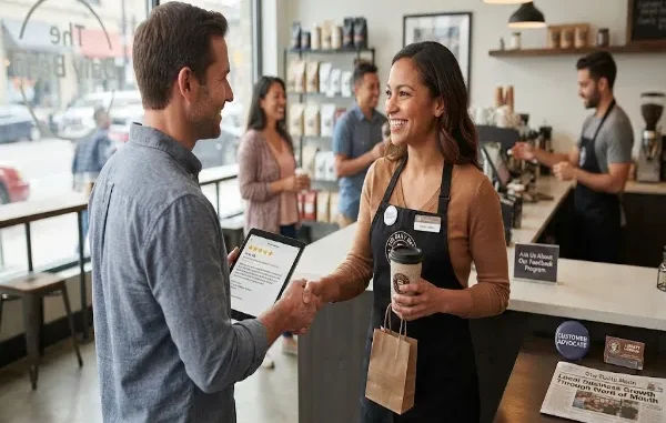 A friendly cafe employee in a black apron smiling and shaking hands with a satisfied customer across the counter, while holding a coffee cup and paper bag.