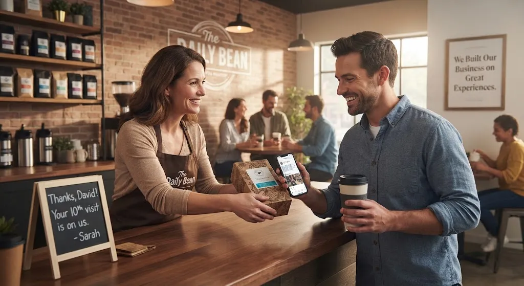 A smiling cafe owner hands a gift box to a regular customer who is showing a positive social media post about the business on his phone. A sign on the counter reads, "Thanks, David! Your 10th visit is on us." and a wall sign says, "We Built Our Business on Great Experiences." The scene represents a successful customer advocacy loop.