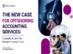 A professional infographic header titled "THE NEW CASE FOR OFFSHORING ACCOUNTING SERVICES: Capacity, AI, and the Modern Finance Team" with the DNA Growth logo in the top-left. The right side features two circular graphics: a hand pointing at a glowing "AI" chip with financial icons, and a team of diverse accountants working in a modern office. The website "www.dnagrowth.com" is in the bottom-left.