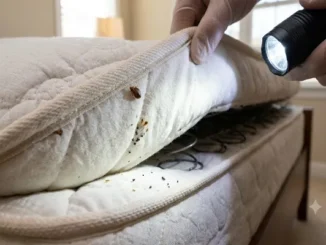 A close-up view of a gloved hand pulling back a mattress seam while shining a bright LED flashlight to reveal tiny dark spots and small insects hidden along the edge.