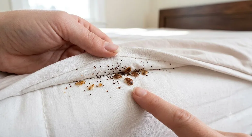 Close-up of a homeowner's hands pulling back the seam of a beige mattress to reveal early signs of bed bugs, including small dark fecal spots, shed skins, and tiny reddish-brown insects.