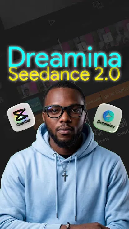 Creator presenting an AI video editing workflow, flanked by 3D CapCut and Dreamina app icons with glowing text reading "Dreamina Seedance 2.0" above him.