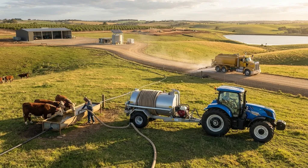 An aerial view of a large agricultural property showing efficient water transport in action, with a blue tractor towing a water tanker trailer filling a livestock drinking trough, while an industrial water truck sprays a dirt road for dust control in the background.
