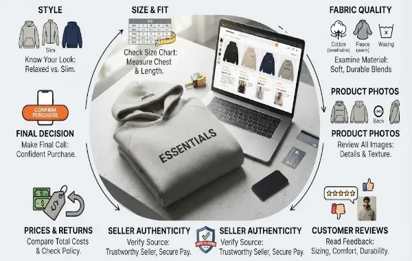 A comprehensive infographic illustrating an eight-step buying guide for an Essentials hoodie, featuring a central grey hoodie and laptop surrounded by icons and text for Style, Size & Fit, Fabric Quality, Product Photos, Customer Reviews, Seller Authenticity, Prices & Returns, and a Final Decision.