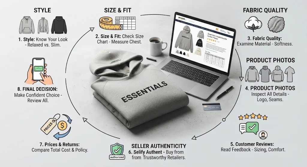 An infographic titled "8-Step Online Essentials Hoodie Buying Guide" arranged in a circular flow around a central folded grey Essentials hoodie. The surrounding icons and text panels detail the following steps:

Style: Icons for relaxed and slim fits, with text "Know Your Look - Relaxed vs. Slim."

Size & Fit: Graphic of a size chart and tape measure, with text "Check Size Chart - Measure Chest & Length."

Fabric Quality: Icons of cotton and fleece, with text "Examine Material - Softness, Durability."

Product Photos: Multiple views of a hoodie (front, back, detail), with text "Inspect All Details - Logo, Seams."

Customer Reviews: Star ratings, thumbs up, and a review box, with text "Read Feedback - Sizing, Comfort, Fit."

Seller Authenticity: A shield icon with a checkmark, with text "Verify Authenticity - Buy from Trustworthy Retailers."

Prices & Returns: Price tags and a return arrow, with text "Compare Total Costs & Return Policy."

Final Decision: A hand holding a smartphone with a confirmation screen, with text "Make Confident Choice - Review All Points."
The background is a clean, light grey desk with a laptop, credit card, pen, and coffee mug nearby. The overall style is modern, clean, and illustrative.