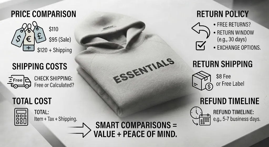 An informational graphic featuring a neatly folded grey Essentials hoodie in the center, surrounded by text and icons breaking down online shopping considerations: Price Comparison, Shipping Costs, Total Cost, Return Policy, Return Shipping, Refund Timeline, and a concluding note emphasizing smart comparisons.