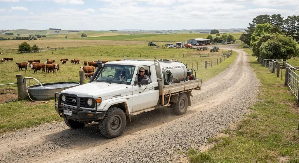 A white utility truck fitted with a large water tank drives along a gravel farm road, passing a livestock trough and rolling green hills on a large rural property.
