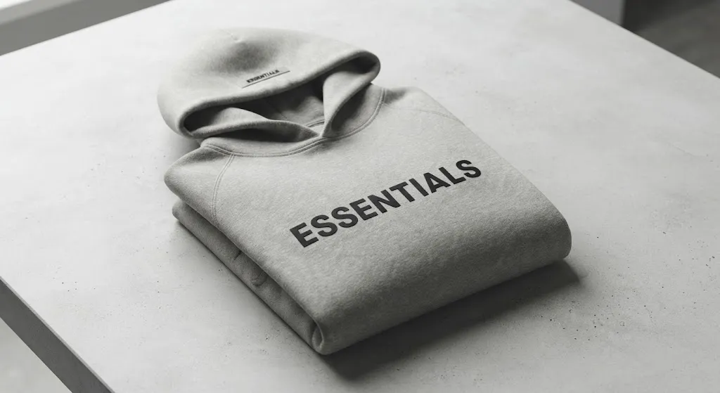 A neatly folded heather grey Fear of God Essentials hoodie resting on a minimalist concrete surface, featuring the bold black "ESSENTIALS" logo across the chest and a smaller rubberized label on the hood.