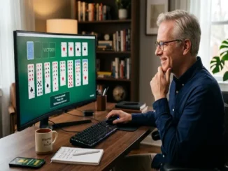 A focused man sitting at a wooden desk in a warm, modern office, smiling as he completes a victorious game of FreeCell solitaire on a wide computer monitor.