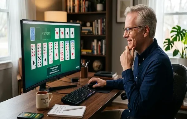 A focused man sitting at a wooden desk in a warm, modern office, smiling as he completes a victorious game of FreeCell solitaire on a wide computer monitor.