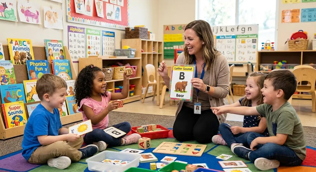 A cheerful teacher sitting on a colorful classroom rug with preschool children, holding up a letter B card with a picture of a bear while the kids point and play with alphabet blocks.