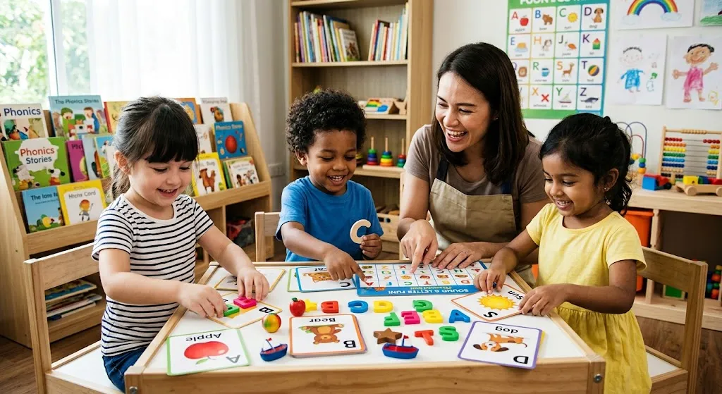A smiling teacher guiding three diverse preschoolers through a fun phonics activity with colorful letter blocks and picture cards at a classroom table.