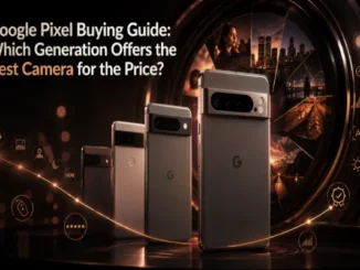 Lineup of Google Pixel smartphones displaying camera evolution alongside the text "Google Pixel Buying Guide: Which Generation Offers the Best Camera for the Price?" set against a dark background with photography icons.