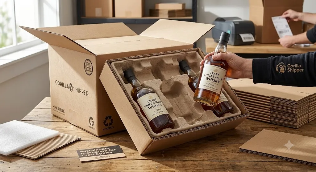A close-up photograph of a "Gorilla Shipper" shipping box system designed for three liquor bottles, featuring a sturdy corrugated cardboard outer box with the Gorilla Shipper logo, specific "ISTA 6-A Certified" and "HEXABOX" stamps, and a recycle symbol. The inner protective insert is made from molded pulp, securely cradling three "CRAFT SINGLE MALT WHISKY" bottles. One bottle has been partially lifted from its insert by a person's hand, demonstrating the ease of unboxing and the secure fit. The surrounding area includes various packing materials (a stack of inserts, foam cushioning), a small branded card, and a background showing more boxes and a shipping label printer, indicating a high-volume fulfillment operation focused on safe, sustainable transit.