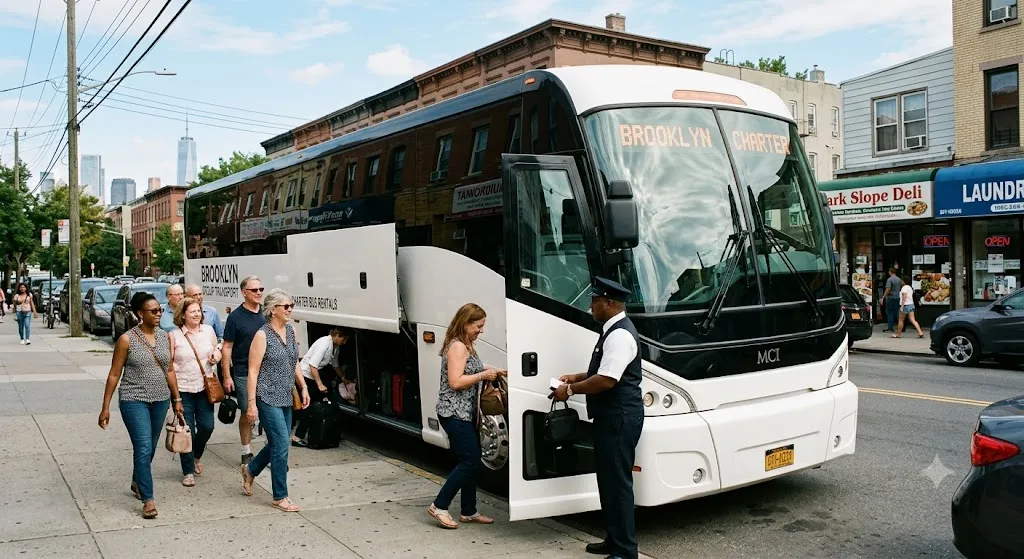 A photo of a group of people boarding a large charter bus. The bus is white and has "BROOKLYN" written on the front and "GROUP TRANSPORT" and "CHARTER BUS RENTALS" on the side. The driver is standing by the door of the bus and is welcoming the passengers. The background is a street scene with buildings.