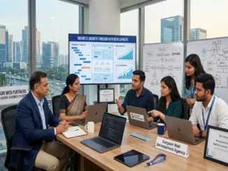 A professional meeting in a Gurgaon office where an Indian business client discusses growth strategy with a web development agency. They view a large screen showing a project timeline and wireframes, flanked by whiteboards with technical diagrams. The Gurgaon skyline is visible through the window.