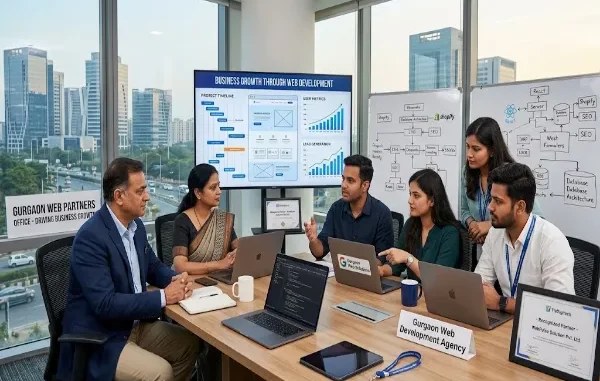 A professional meeting in a Gurgaon office where an Indian business client discusses growth strategy with a web development agency. They view a large screen showing a project timeline and wireframes, flanked by whiteboards with technical diagrams. The Gurgaon skyline is visible through the window.