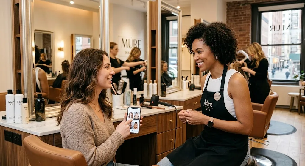 A client showing inspiration photos on her smartphone to a friendly hair stylist during a consultation in a modern, sunlit hair salon.