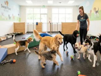 A diverse group of happy dogs playing together with toys and agility ramps in a bright, clean indoor daycare facility while a smiling female staff member supervises.
