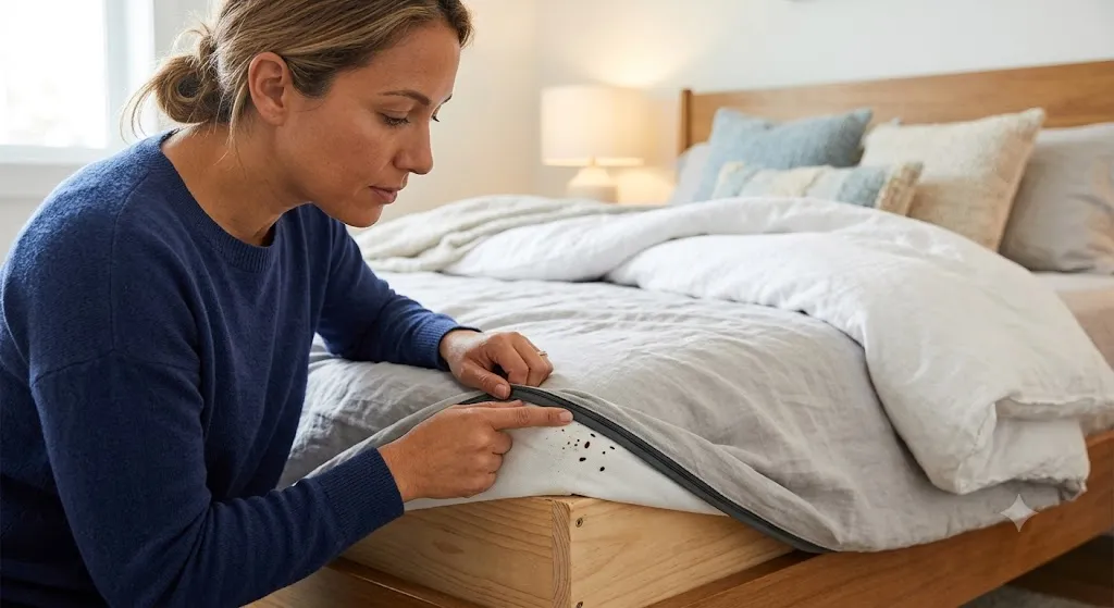 A concerned homeowner pulling back a mattress cover to inspect the seam, revealing tiny dark spots and signs of bed bugs in a brightly lit bedroom.