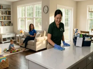 A Top Tier Home Cleaning professional wiping down a marble kitchen island countertop while a mother and child relax in a clean, bright living room nearby.