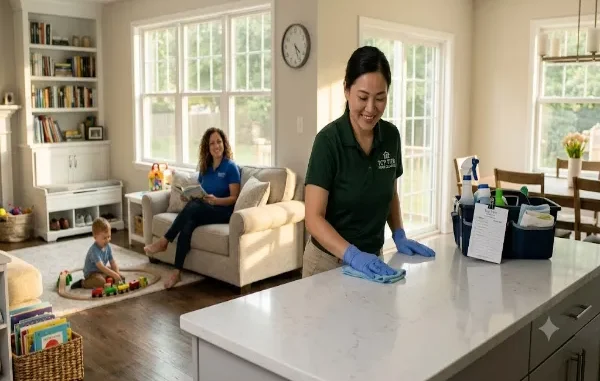 A Top Tier Home Cleaning professional wiping down a marble kitchen island countertop while a mother and child relax in a clean, bright living room nearby.