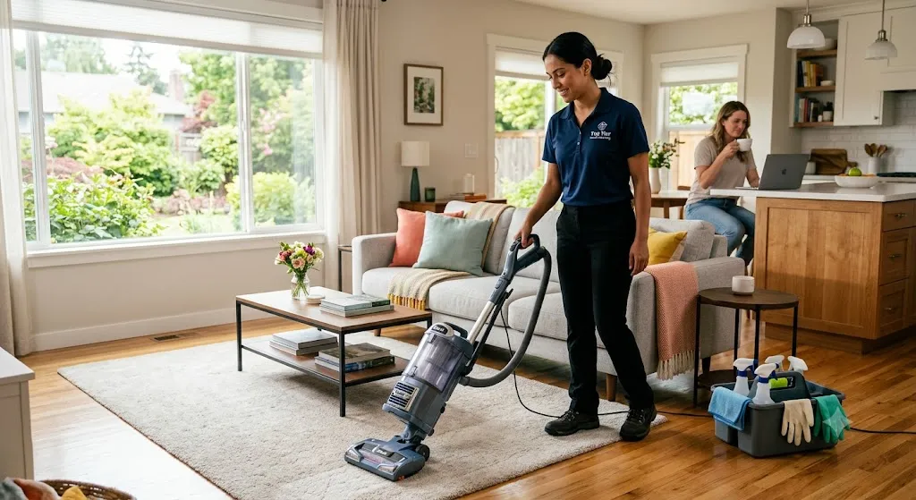 Professional house cleaner using a vacuum in a sunlit living room while a homeowner relaxes with coffee in the background.