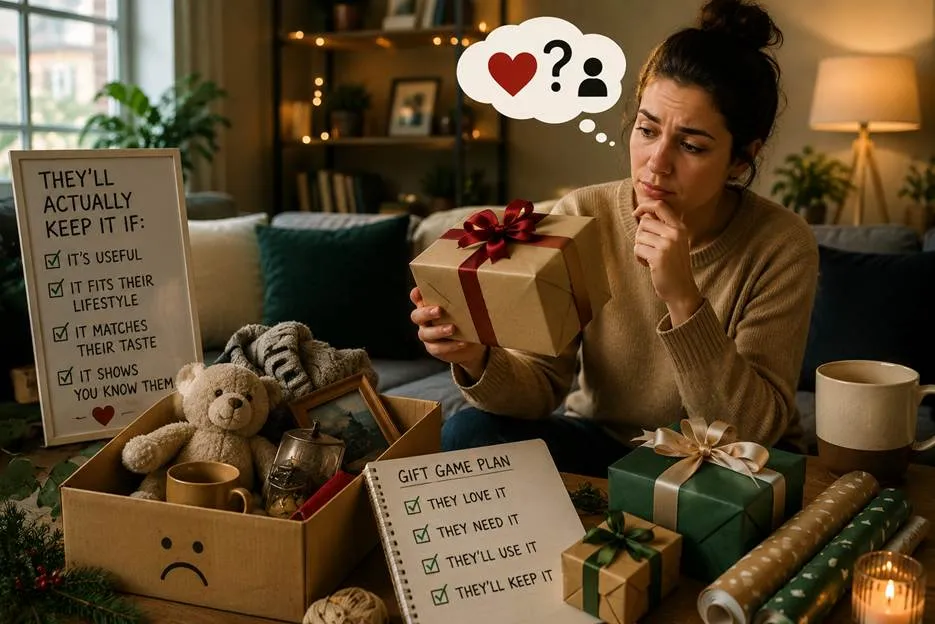 A thoughtful woman holding a wrapped gift while sitting next to a box of unused knick-knacks and a gift game plan checklist for choosing meaningful, useful presents.