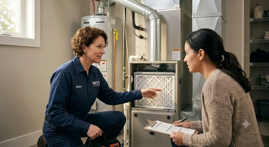 A professional HVAC technician pointing out details on a home furnace filter while explaining maintenance to a homeowner holding a clipboard.