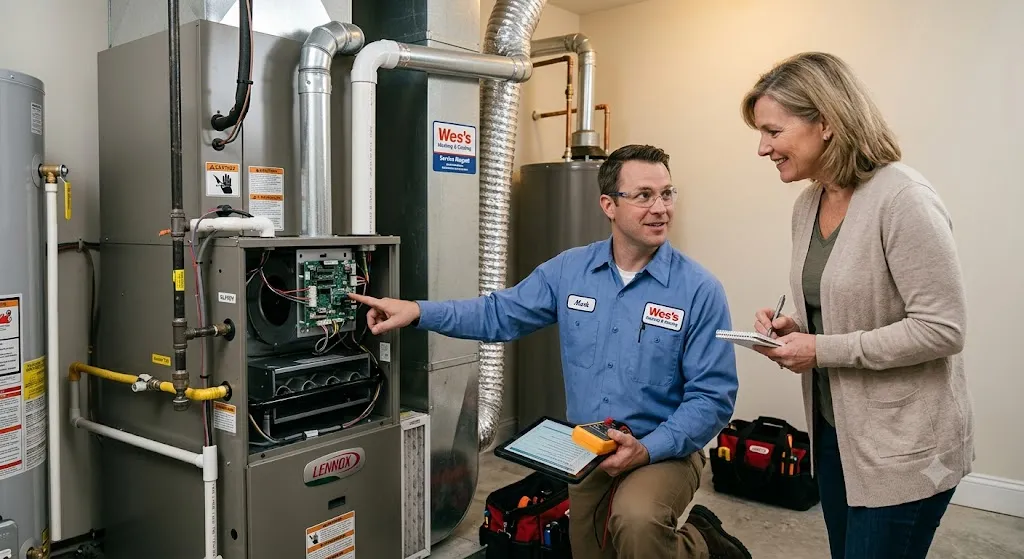 An HVAC technician wearing a blue uniform explains system components on a open furnace unit to a female homeowner taking notes in a clean residential basement.