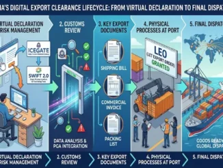 A 5-step horizontal infographic depicting the digital export customs clearance lifecycle in India, from ICEGATE virtual declaration to final global dispatch.