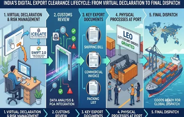 A 5-step horizontal infographic depicting the digital export customs clearance lifecycle in India, from ICEGATE virtual declaration to final global dispatch.