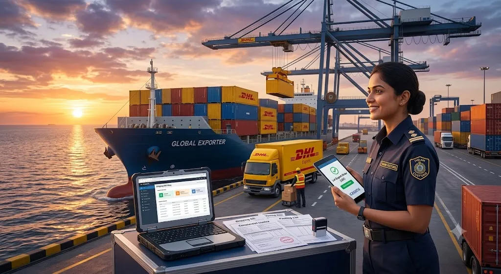 An Indian customs officer holding a digital tablet with a "Let Export Order" confirmation screen at a busy shipping port. In the foreground, a rugged laptop shows an ICEGATE portal dashboard next to printed export documents, with a large cargo vessel and DHL logistics trucks in the background.