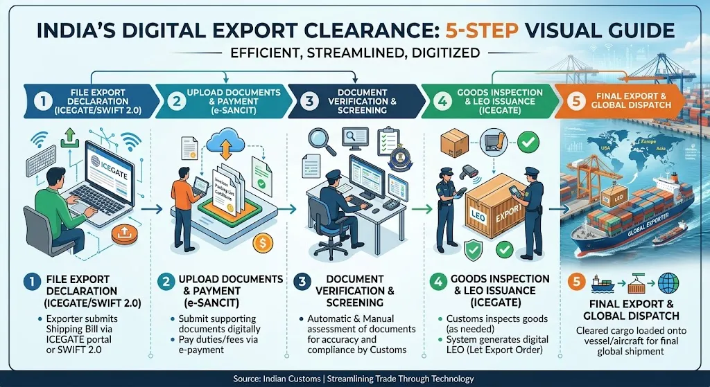 A 5-step visual infographic showing India's digital export clearance process: Step 1 Filing Export Declaration on ICEGATE or SWIFT 2.0, Step 2 Uploading Documents and e-Payment via e-SANCHIT, Step 3 Document Verification and Customs Screening, Step 4 Goods Inspection and LEO (Let Export Order) Issuance, and Step 5 Final Cargo Dispatch and Global Shipment.