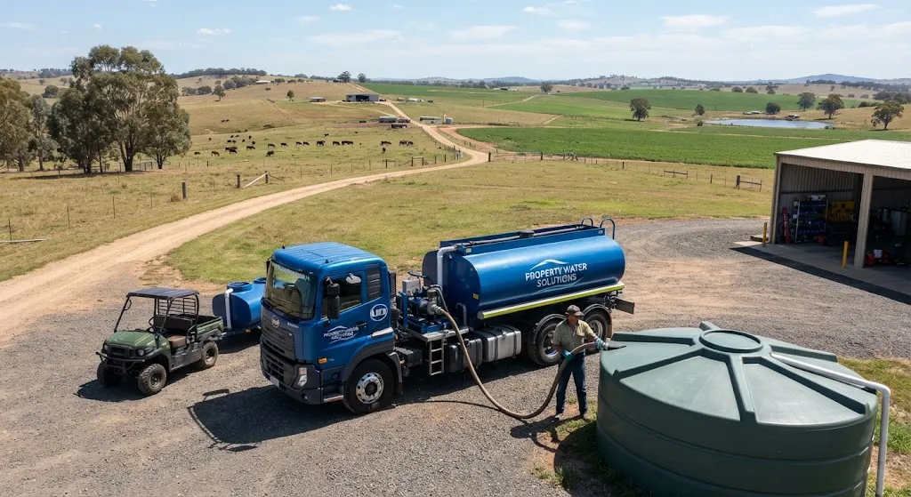 An aerial view of an industrial blue water truck parked next to a large green storage tank on a rural property, with a worker connecting a hose. A utility terrain vehicle (UTV) with a smaller water trailer is parked nearby, overlooking rolling green hills and a farm landscape.