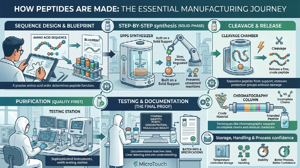 Infographic illustrating how peptides are made, featuring sequence design, solid-phase synthesis (SPPS), cleavage, chromatography purification, quality testing, and temperature-controlled storage.