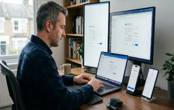 A man at a wooden desk configures Libero Mail IMAP and SMTP settings on a laptop, a vertical monitor, a regular monitor, an iPhone, and an Android smartphone, all open to email account setup screens.