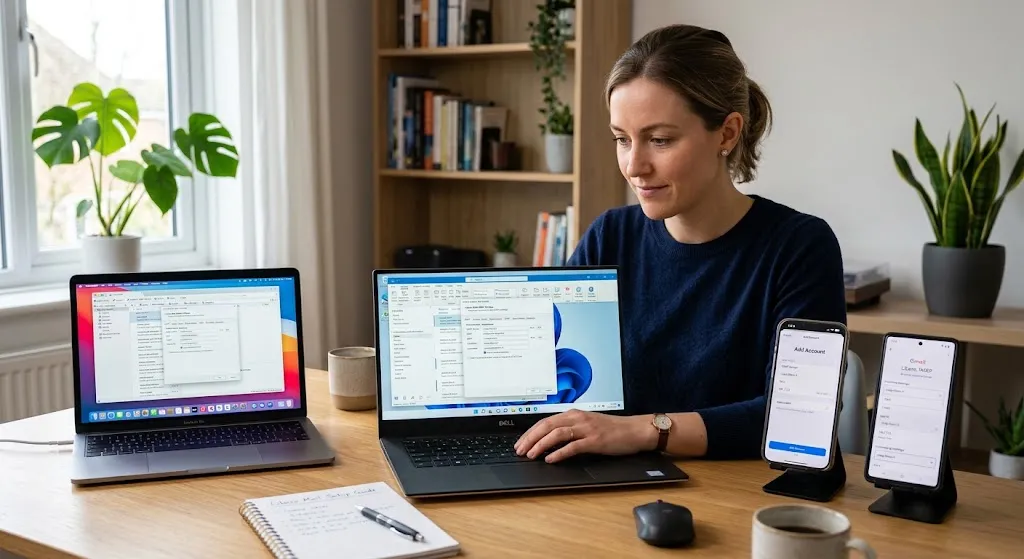 Email IMAP configuration guide on a laptop, desktop screen, iPhone, and Android smartphone placed on a wooden desk.