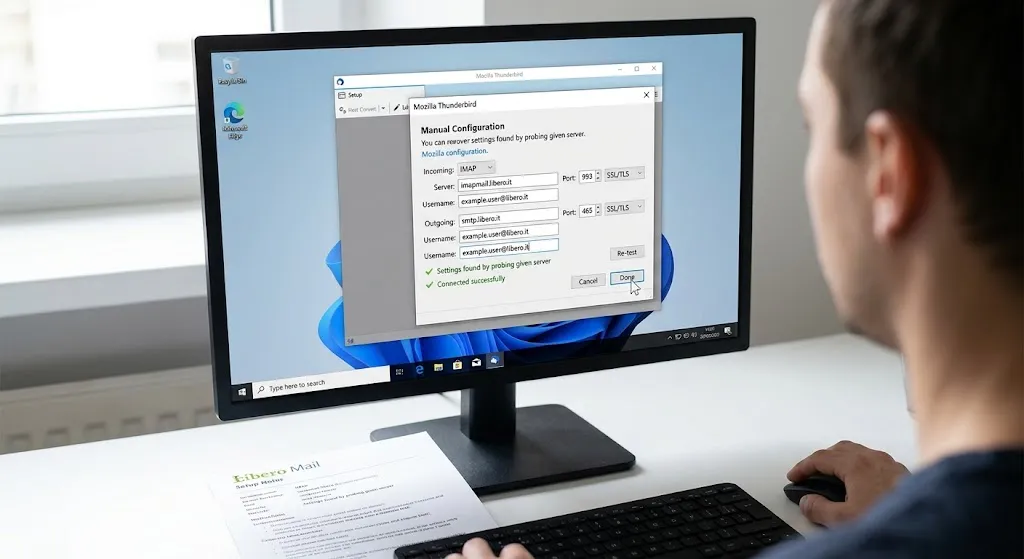 Mozilla Thunderbird manual account configuration window on a monitor displaying Libero Mail IMAP and SMTP settings.