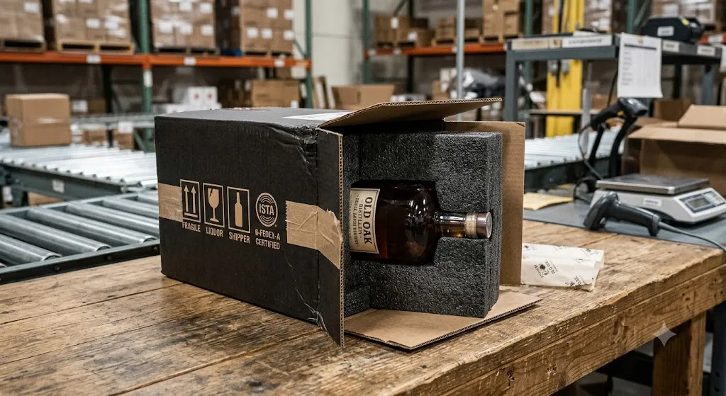 Open double-wall corrugated shipping box featuring custom foam inserts holding a glass liquor bottle inside a fulfillment warehouse.