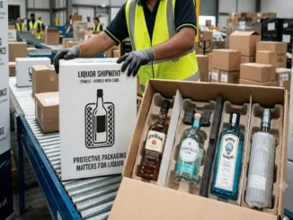 A man in a yellow vest in a warehouse is standing next to two open boxes. One box is for a single bottle and the other is for four bottles. Both boxes are packed with protective materials to prevent damage during shipping.