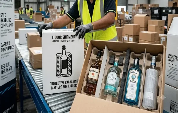 A man in a yellow vest in a warehouse is standing next to two open boxes. One box is for a single bottle and the other is for four bottles. Both boxes are packed with protective materials to prevent damage during shipping.