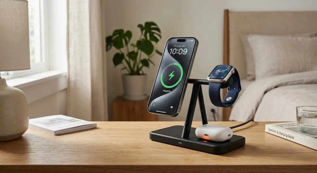 Modern 3-in-1 MagSafe wireless charging station on a wooden bedside table, charging an iPhone, Apple Watch, and AirPods case simultaneously.
