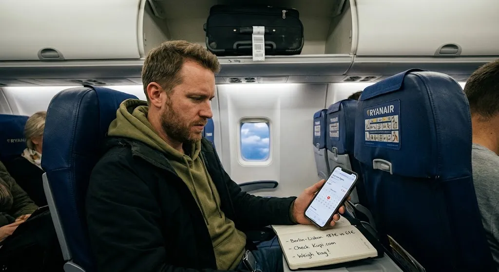 A man sitting in an airplane seat looking frustrated at a flight price calendar on his smartphone while holding a notebook with flight saving tips.