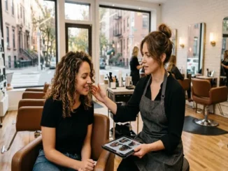 A hair stylist in a dark apron holding a digital tablet and discussing inspiration photos with a client with curly hair inside a bright, modern Manhattan salon.