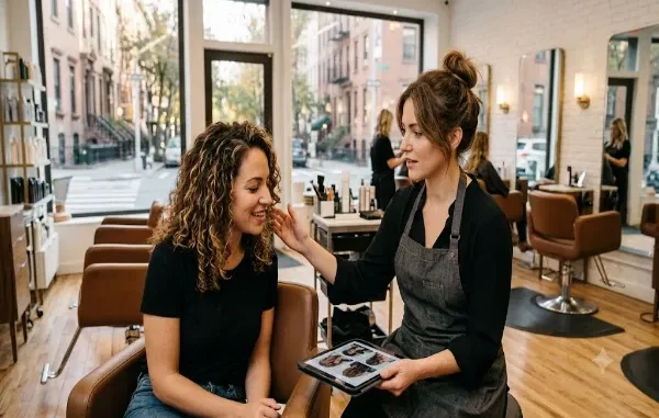 A hair stylist in a dark apron holding a digital tablet and discussing inspiration photos with a client with curly hair inside a bright, modern Manhattan salon.