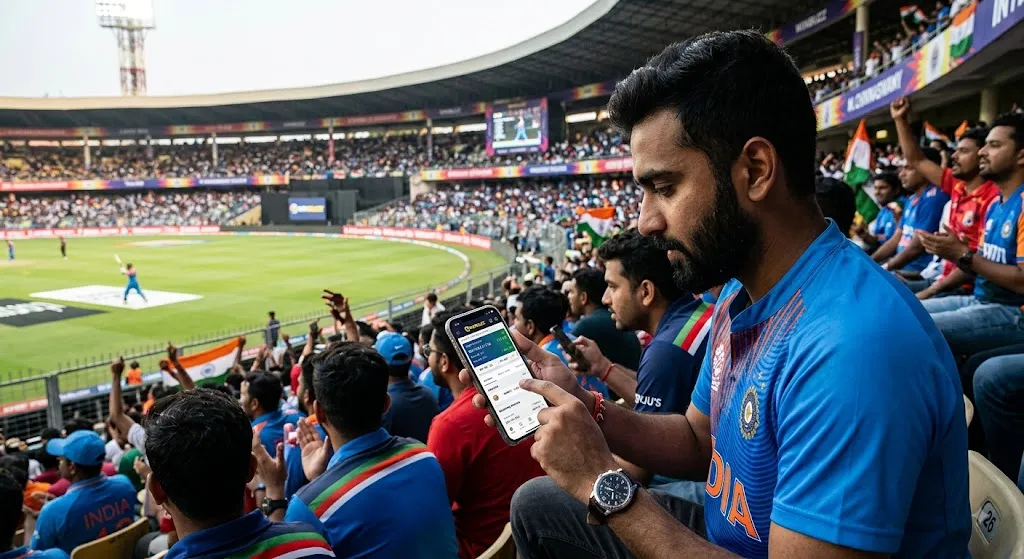 A modern sports fan sitting in a packed cricket stadium crowd, using his smartphone to view live match statistics and scores on a digital sports app while a cricket match plays out on the field in front of him.