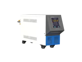 A white and blue Topstar industrial mould temperature controller featuring a digital screen displaying 120.0°C and mounted on swivel caster wheels.
