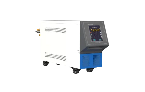 A white and blue Topstar industrial mould temperature controller featuring a digital screen displaying 120.0°C and mounted on swivel caster wheels.